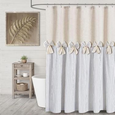 Imagem de XOGUIBO Cortina de chuveiro Farmhouse tecido de linho laço rústico ocidental, listrado cinza plissado 183 cm L x 213 cm C