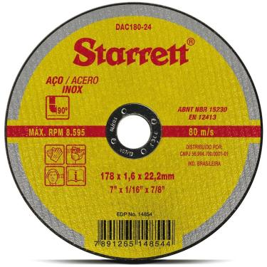 Imagem de Disco Abrasivo De Corte 178x1,6x22,2mm - Dac180-24 - Starrett Disco Abrasivo De Corte 178x1,6x22,2mm Dac180-24