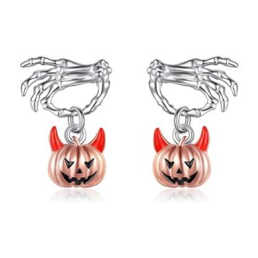 Imagem de Brincos femininos com pingente de abóbora de mão de esqueleto pequeno com pingente de caveira e abóbora, Moderate type, Metal, Sem pedra preciosa
