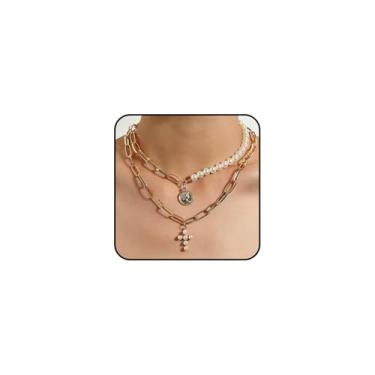 Imagem de Colar feminino banhado a ouro em camadas com pingente de cruz e crucifixo de pérolas empilhadas, conjunto de colares de corrente e clipe de papel, acessórios de joias, Large, Metal, Sem Pedra Preciosa