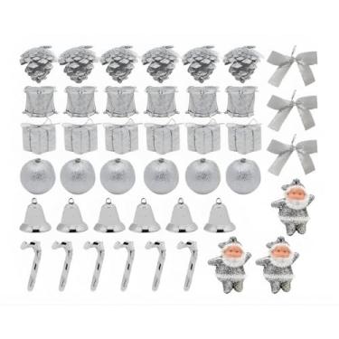 Imagem de Kit Enfeites de Natal para Árvore 42 Peças – Prata | Sinos, Pinhas, Bolas, Presentes, Laços e Papai Noel – Decoração Natalina Completa e Elegante