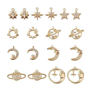 Imagem de Elecrelive 18 peças pingentes de zircônia cúbica lua estrela cúbico pingentes de latão banhado a ouro 18K universo espaço pingentes de cristal para colar pulseira brincos fabricação de joias