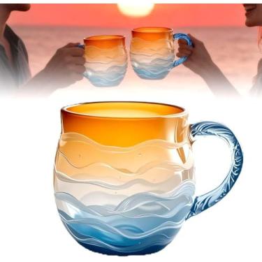 Imagem de 1 caneca de vidro do mar Sundown de 340 g - Design artesanal de ondas do oceano, caneca de praia costeira texturizada para café e chá, presente exclusivo para amantes do oceano e surfe