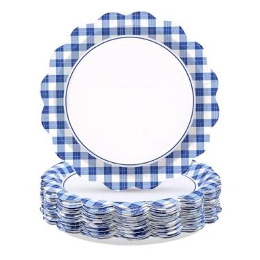 Imagem de Greencian 50 peças, pratos de papel guingão, azul e branco, borda recortada, pratos de festa descartáveis para fazenda, jantar, quintal, churrasco, aniversário, casamento, chá de bebê, piquenique