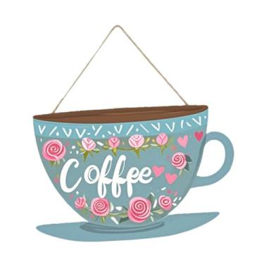 Imagem de MotiveTech Placa de madeira decorativa estilo xícara para porta de cafeteria, estilo retrô, com corda, leve, ideal para vitrines, lojas e cozinhas, Azul Claro