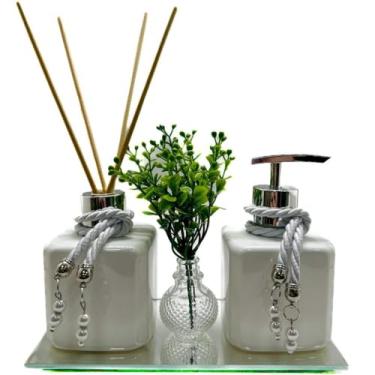 Imagem de Kit Lavabo Frascos Turmalina PET – Conjunto de Difusor, Sabonete Líquido, Álcool Gel e Decoração(PRETO,BRANCO)