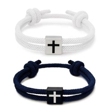 Imagem de BHDJSHX 2 pulseiras trançadas cruzadas, pulseira cristã ajustável para homens. Pulseiras modernas de Jesus. Presentes cristãos para homens e mulheres, combinação de cores da moda, White & Purplish
