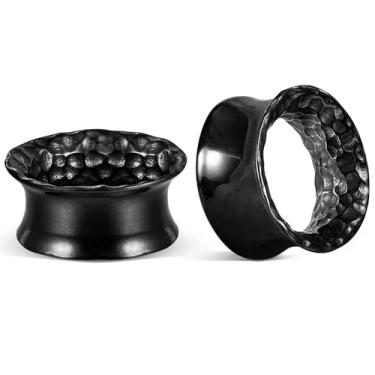 Imagem de Casvort 2 peças hipoalergênicas 316 aço inoxidável cirúrgico preto clássico martelado calibre 7/8 confortável duplo alargado orelha túneis 22 mm joia piercing corporal