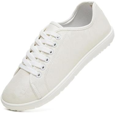 Imagem de TUOPIN Tênis feminino de cano baixo - sapatos de couro sintético preto, tênis clássico de lona jeans com cadarço para caminhadas casuais, Branco, 36