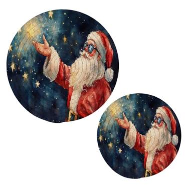 Imagem de Blueangle 2 peças de suporte de panela trivet de estrelas de Papai Noel - conjunto de pegadores de panela de tecido redondo - almofadas quentes trançadas de algodão - porta-copos - tapetes de mesa