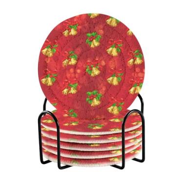 Imagem de GakkiGii Conjunto de 6 porta-copos redondos absorventes de sinos de Natal com suporte, porta-copos de tecido para mesa de centro, bar, decoração de cozinha