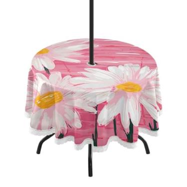 Imagem de ATTX Toalha de mesa redonda White Daisies ao ar livre – 152 cm, impermeável, à prova de derramamento, uso interno/externo, com orifício para guarda-chuva com zíper para acampamento, piquenique, praia