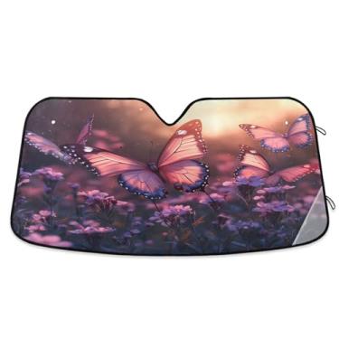 Imagem de ATTX Belas borboletas cor-de-rosa pára-brisas para carro 139.7 cm x 70.1 cm escudo solar universal com proteção UV, persiana de janela frontal automática dobrável para caminhões Sedans SUVs #279