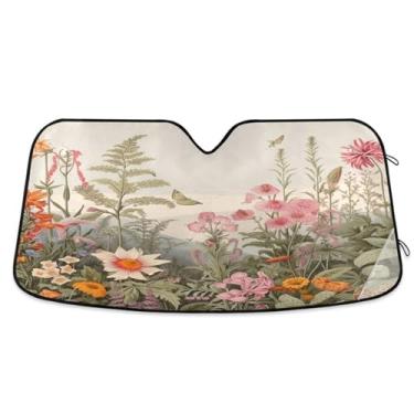 Imagem de ATTX Guarda-sol para para-brisas de carro Herbal Wildflowers 134.6 cm x 59.7 cm Protetor solar universal com proteção UV, persiana de janela frontal automática dobrável para caminhões Sedans SUVs #670