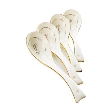 Imagem de Concha de sopa Colher de cerâmica para casa, 4 peças, cabo longo, colher sopa, elegante, borda dourada, decoração, chinesa, osso, pequena, branca