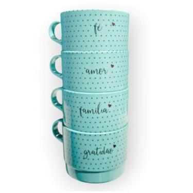 Imagem de Conjunto com 4 Xícaras de Acrílico Empilháveis com Frases, 200 ml, Polka Dots, Fé Amor Família Gratidão (Azul)