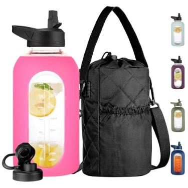 Imagem de CIVAGO Garrafa de água de vidro de 1,8 litro com canudo e suporte de garrafa isolado, jarro de água motivacional de 1,8 l com marcador de tempo e manga de silicone, frasco de água com 2 tampas