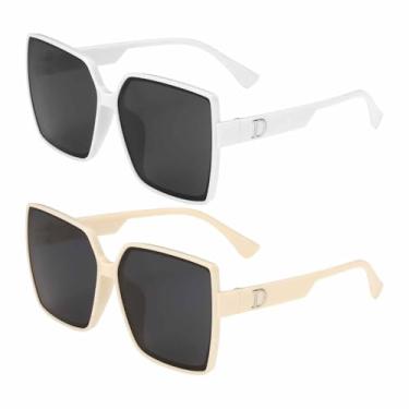 Imagem de HARFINGTON 2 peças de óculos de sol para mulheres e homens, armação grande de policarbonato em forma de D óculos de sol modernos com proteção solar para dirigir, fazer compras e tirar fotos, branco e