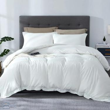 Imagem de SLEEP-NEST Hotel Luxury Conjunto de capa de edredom queen grande branco 98 x 98-100% algodão egípcio 600 fios, macio, respirável e confortável, capa de edredom de 3 peças com fecho de zíper e laços de