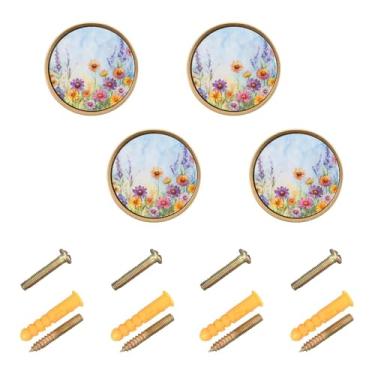 Imagem de Wassud Pacote com 4 puxadores de armário de flores silvestres coloridos puxadores e puxadores de ferragens de móveis redondos para cozinha de 3 cm puxadores dourados de gaveta de cômoda de cozinha