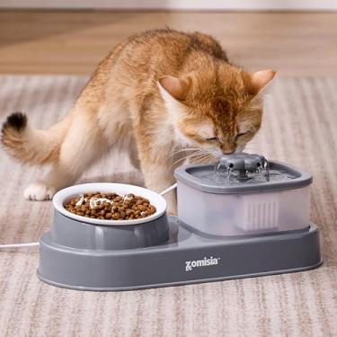 Imagem de ZOMISIA Fonte de água para gatos e 1 tigela de comida de cerâmica - Conjunto automático 2 em 1 de ração para animais de estimação e tigela de água para gatinhos, cães pequenos, cinza