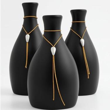 Imagem de Kit Trio 3 Vasos Cerâmica Decorativo Enfeite Decoração Elegante Casa Rack Conjunto Decorado Loja Estante Sala Cozinha(PRETO C/COLAR)