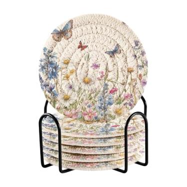 Imagem de SEHANY Elegante conjunto de 6 porta-copos de flores de borboleta com suporte, porta-copos redondos absorventes de algodão resistente ao calor para mesa de jantar, canecas de café, 10 cm