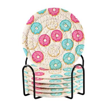 Imagem de SEHANY Conjunto de 6 porta-copos de sobremesa fofos com suporte, porta-copos redondos absorventes de algodão resistente ao calor para mesa de jantar, canecas de café, proteção de copos, 10 cm