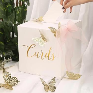Imagem de suvast Caixa de presente para cartão, chá de bebê, festa de aniversário e formatura – porta-cartão de presente de 22 x 22 x 22 cm com 10 cartões comemorativos, 12 borboletas e 1 decoração de laço rosa