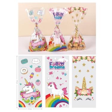 Imagem de Sacos de guloseimas de celofane com laços torcidos - 50 peças de 12,7 x 27 cm, lindos sacos de presente de unicórnio, violoncelo transparente, sacolas de lembrancinhas de festa, 3 estilos de