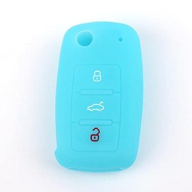 Imagem de CSHU Capa de silicone para chave do carro Capa de chaveiro com anel de bolsa, adequado para Vw Golf Bora Jetta Polo Golf Passat para Skoda Octavia A5 Fabia para Seat Ibiza Leon, azul celeste