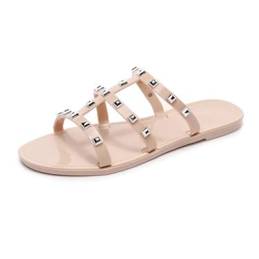 Imagem de OMGard Sandálias rasteiras femininas, sapatos cravejados de gelatina tamanho 9 vermelho elegante verão praia rebites tiras geleias deslizantes nos dedos abertos, Bege redondo cravejado, 41