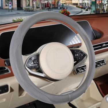 Imagem de Binsheo Capa de volante de couro Nappa, tecido respirável antiderrapante de couro de microfibra avançado, quente no inverno e fresco no verão, cinza grande 39,4 cm a 40,6 cm