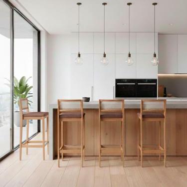 Imagem de Kit 4 Banquetas Estofada em Linho Encosto Palhinha Bruna cor:mel com l