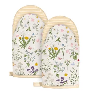 Imagem de Slohif Conjunto de mini luvas de forno – Luvas de cozinha resistentes ao calor de flores curtas estendidas para mulheres, luvas de forno 100% algodão com aderência de silicone, antiderrapantes e