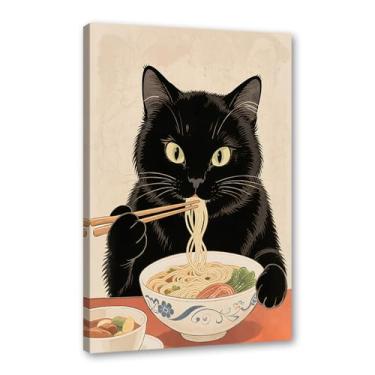 Imagem de Arte de parede em tela de gato preto engraçado vintage japonês gato comendo ramen imagem única amante de gatos para decoração de parede de cozinha e sala de jantar (SKU1,20.3x30.5 cm = (20x30 cm