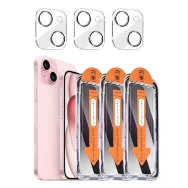 Imagem de Pacote com 3 + 3 protetores de tela de privacidade para iPhone 15 com protetor de lente de câmera cobertura total, película de vidro temperado anti-espião, dureza 9H, fácil instalação, sem bolhas [6,1
