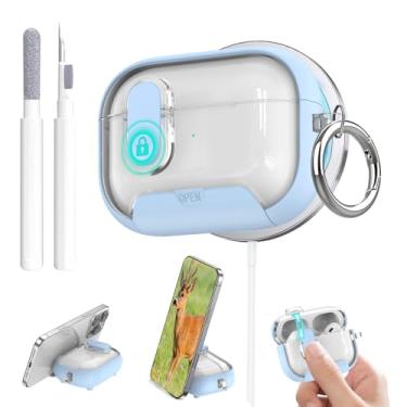 Imagem de Aircawin Capa transparente para Airpods Pro 3, trava segura para Airpods Pro 3ª geração, com suporte para telefone e função Magsafe, pop-up automático, design de proteção híbrida com mosquetão e