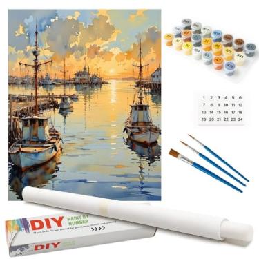 Imagem de Kit de pintura de paisagem por números para adultos – Barcos de pesca DIY na doca, pintura de cena do pôr do sol em tela enrolada 40 x 50 cm, conjunto de tinta acrílica, adequado para iniciantes, arte