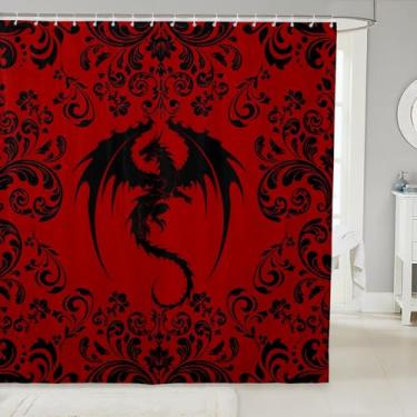 Imagem de Erosebridal Cortina de chuveiro de dragão gótico 182,88 cm L x 1,8 m C Cortina de banheiro vermelho gótico preto damasco para crianças meninos homens boêmia exótica floral animal cortina de banheira