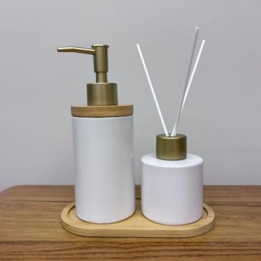 Imagem de Kit Banheiro Lavabo Premium 3 Peças com Saboneteira, Difusor e Bandeja de Porcelana(Branco Liso)