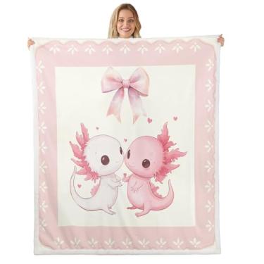 Imagem de Erosebridal Axolotl Cobertor de lã solteiro 152 cm x 203 cm para cama de crianças, meninas, mulheres, rosa, kawaii, axolotl, cobertor fofo, animal de ovelha, cobertor oceano, vida selvagem, laço,