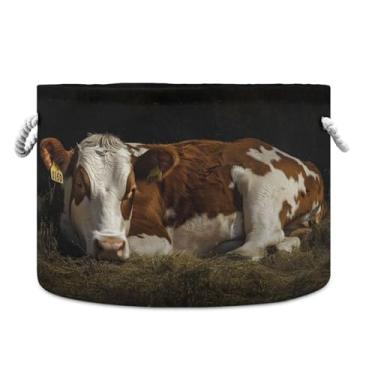 Imagem de JUZIHAI Cesta de armazenamento dobrável de vaca marrom e branco, cesto de roupa suja para bebê, cobertor com alças de corda de algodão, caixa organizadora de armário dobrável para quarto, berçário