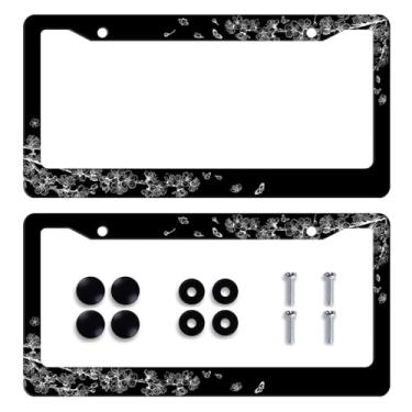 Imagem de 2 unidades de moldura de placa de licença de flor de cerejeira preto e branco personalizado suporte de placa de licença de flor de borboleta para etiquetas dianteiras ou traseiras de carro de aço