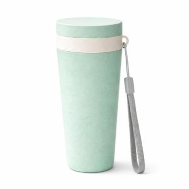 Imagem de Copo de Fibra de Trigo 300ml com Parede Dupla e Alça – Verde | Tampa Rosqueável, Leve e Sustentável