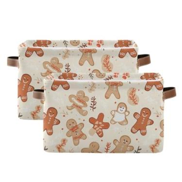 Imagem de Cestas de armazenamento para prateleiras – Caixas organizadoras dobráveis de 36 cm x 26 cm para prateleira de armário e organização doméstica, biscoito de Natal fofo, bege, pacote com 2