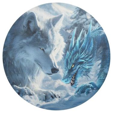 Imagem de Conjunto de 1 tapete de mesa branco e azul dragão lobo, lavável de 38 cm, jogo americano de PVC, para mesa de jantar, mesa de cozinha