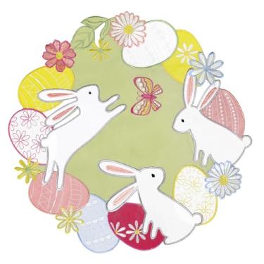 Imagem de Jogo americano de Páscoa, conjunto de 4 ovos verdes de coelhinho bordados, coloridos, flores de primavera, margarida, grama, sálvia, decorações sazonais para mesa de café de jantar