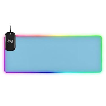 Imagem de Mouse pad para jogos azul celeste com carregamento rápido Qi de 15 W, 14 cores LED RGB PC tapete de mesa para jogos, mouse pad grande ergonômico para notebook/jogos/mesas de 90 x 40 cm