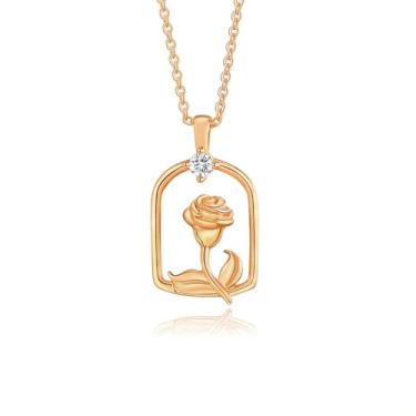 Imagem de NewZenro Colar feminino com pingente de zircônia cúbica de flor rosa chique, banhado a ouro rosa, floral, retangular, ajustável, gargantilha, joia moderna para namorada, namorada, 45 cm